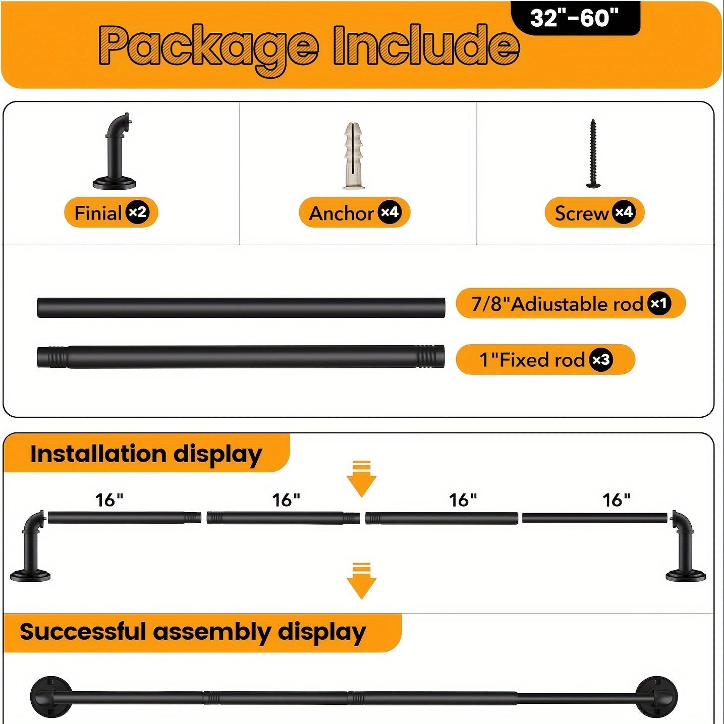 TEMU Industrial Curtain Rods For Window, 1 Inch Diameter Black Blackout Curtain Rod, Adjustable Heavy Duty Wrap Around Curtain Rods For Indoor Living