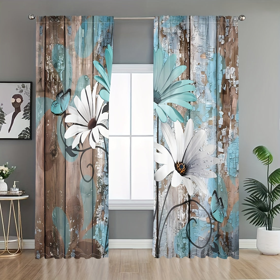 TEMU 2pcs White Small Daisy Floral Pattern Decorative Curtain, Wood Board Background Vintage Curtain, 3d Print Blackout Print Curtain, Suitable For