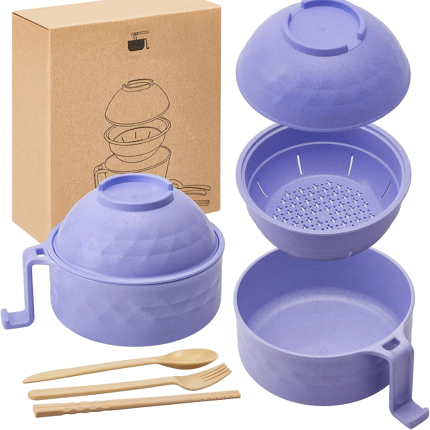 TEMU 6pcs-set Microwave Ramen Bowl Set, Ramen Noodle Cooker With Lid & Handle, Home, Office, Dorm, Or College Tableware