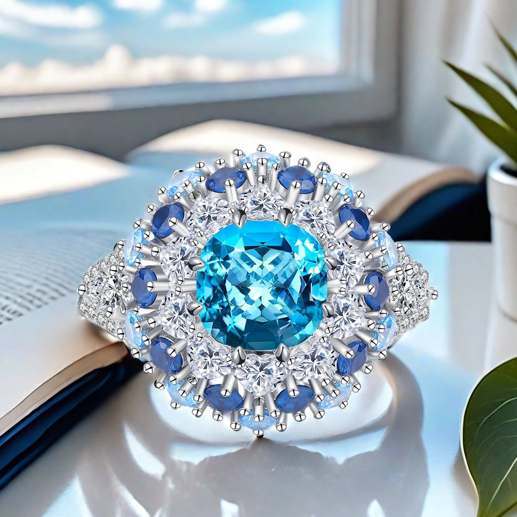 The S925 sterling silver sky blue 8*8 high-carbon diamond women&#039;s ring fashionable, individual and beautiful candy-like sweet jewelry ring