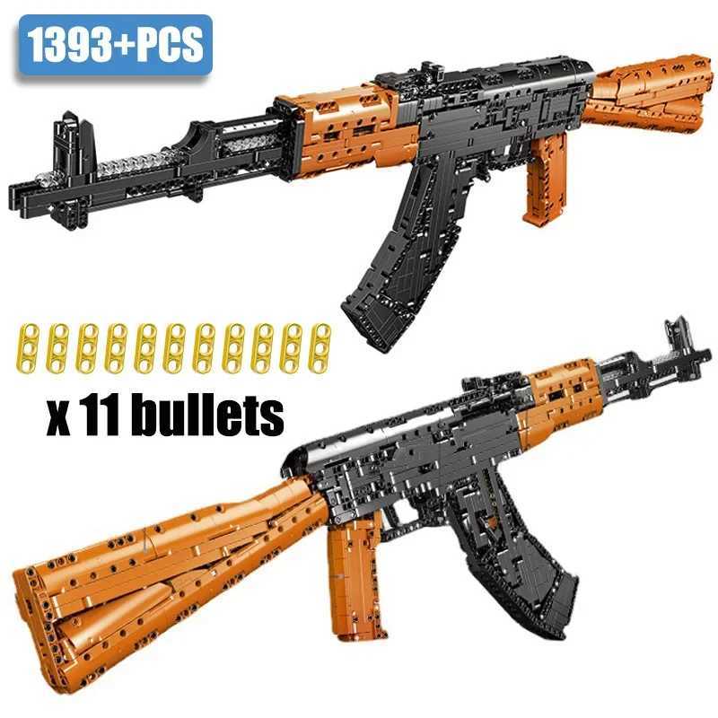 Blocks Military Series 1393pcs AK47 AKM Automatic Rifle Model Building Blocks High-tech MOC Can Shoot Bullet Weapon Bricks Toys GiftsY241106S5R4