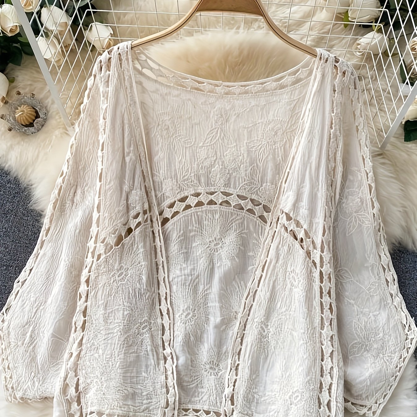 TEMU Ethnic Style Hollow-out V-neck Batwing Sleeve Cardigan