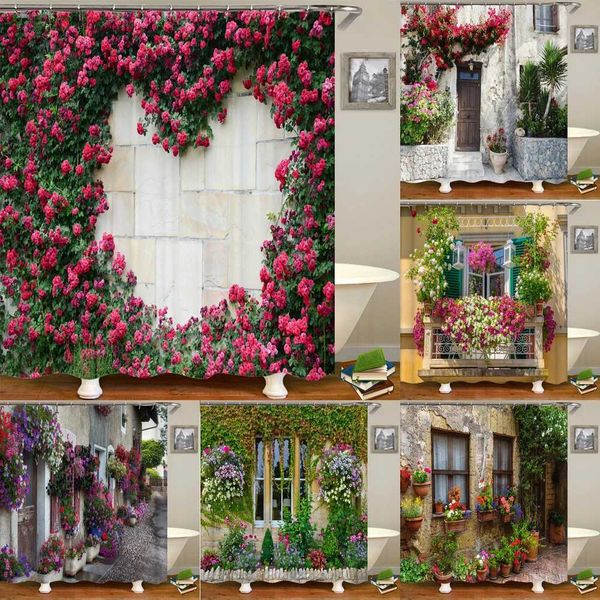 3D European rural town street landscape printing bathroom waterproof shower curtain outdoor flower scenery curtain decoration M240824