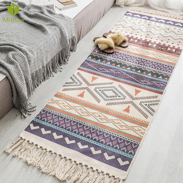 Retro Bohemian Hand Tassel Woven Cotton Linen Carpet Bedside Rug Geometric Floor Mat Long Bedspread Tapestry Home Decoration 241211