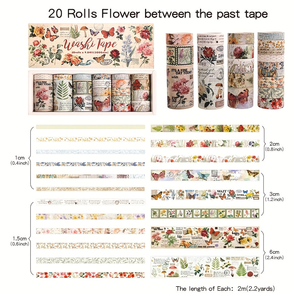 TEMU 20rolls-box Vintage Floral Washi Tape Set Mushroom Botanical Masking Decorative Scrapbooking Tapes For Diy Art Crafts Notebook Planner Junk