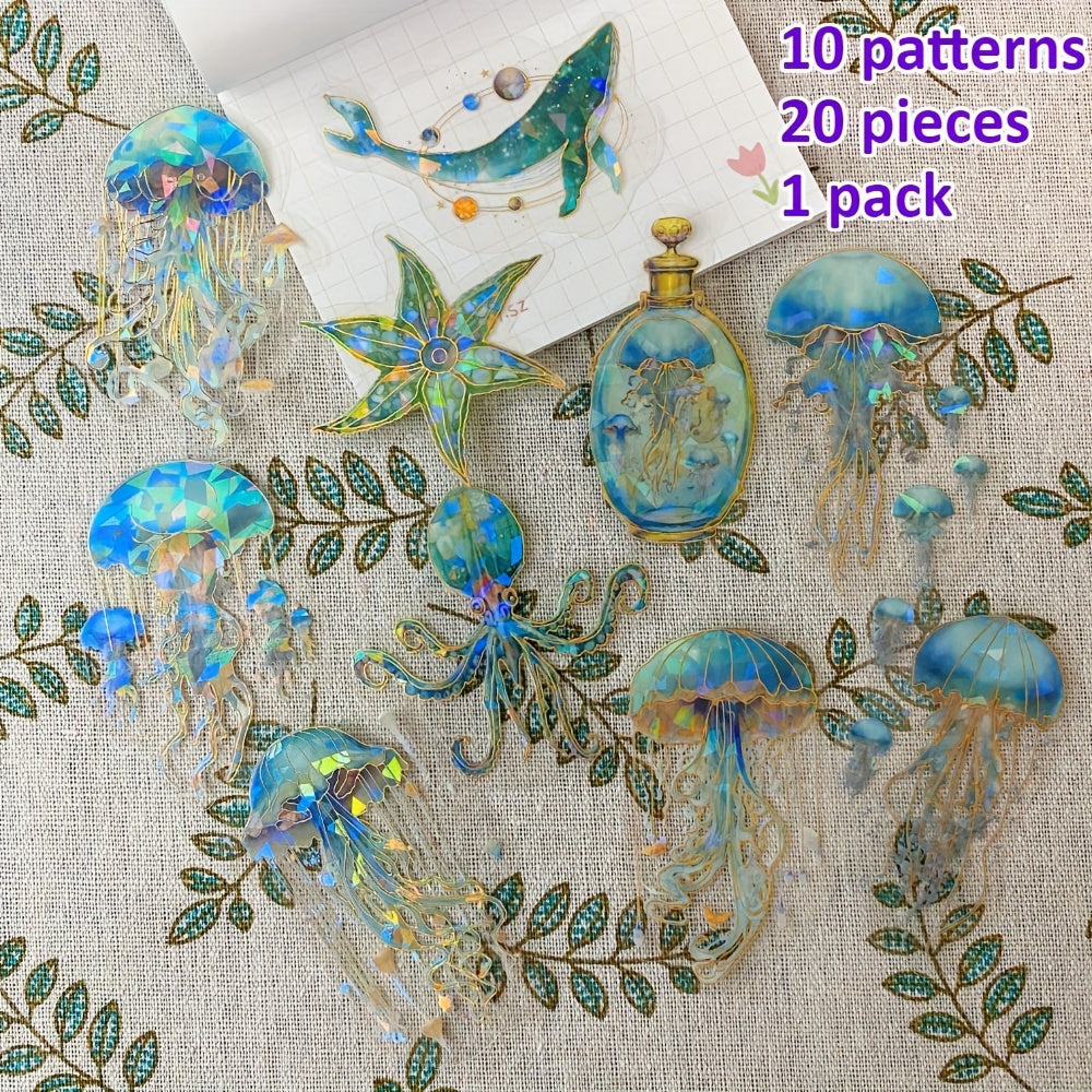 TEMU Ocean Animal Stickers Pack Of 20 - Jellyfish, Octopus & Sea Life | Shimmering & Glitter Accents | Self-adhesive Pet Decals For Scrapbooking,