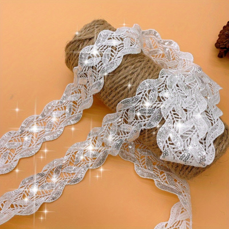 TEMU Of Silvery Lace Trim With Sequins, Featuring A Mesh Pattern, Suitable For Sewing Vintage Lace Ribbon Appliques To Decorate Dresses, Dolls, And