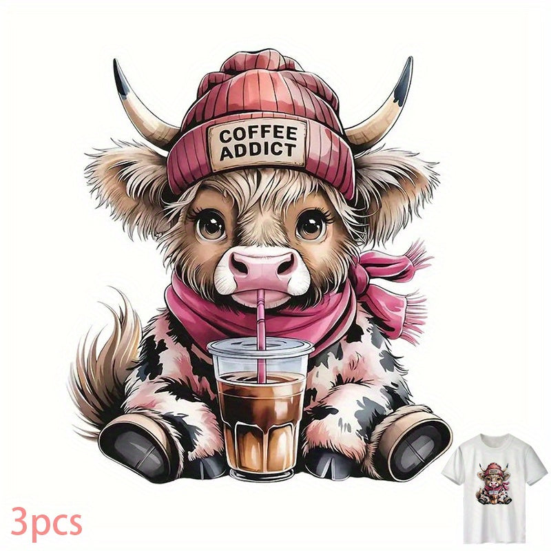 TEMU 3pcs Diy Iron-on Transfer Stickers - Cow Design, Heat Transfers For T-shirts, Jeans, Pillows - , Adhesive, Durable & Long-lasting, | Graphic |