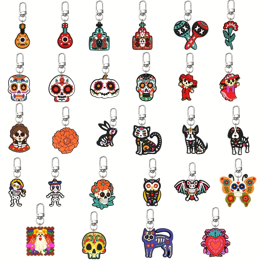 TEMU 28pcs Of The Dead Skull Keychains - Vibrant Mexican Guqin Charms With Lobster Clasp, Durable Pvc Pendants For Backpacks, Purse Decor & Halloween
