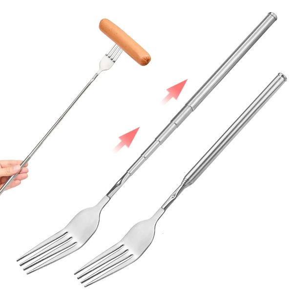 Stainless steel telescopic fork kitchen tool long handled barbecue tableware dinner fruits desserts baking 241209