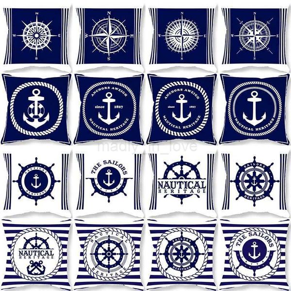 Nordic Nautical Series pillowcase Dark Blue Compass Anchor Rudder Sofa Cushion Cover Home Decoration Ornament 45x45cmM240717