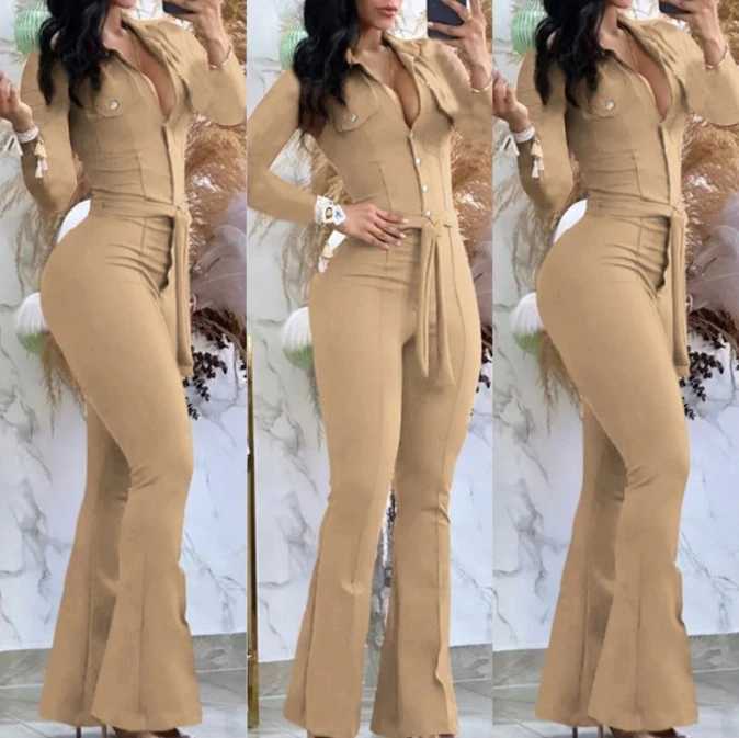 Jumpsuit Women Turn-Down Collar Long Sleeve Belt Button Wide Leg Solid Color Elegant Fashion Casual Office Lady M240926
