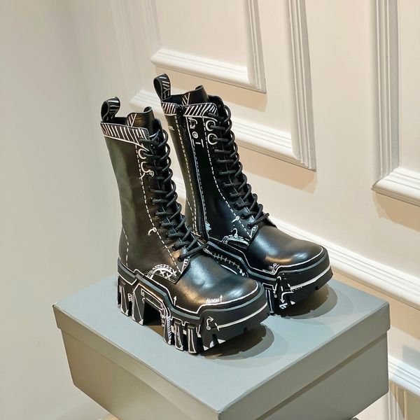 Luxury Women long Boots Mirror quality men Rain boots designer real leather fashion black knee Thick Bottom Non-Slip Booties Platform Boots