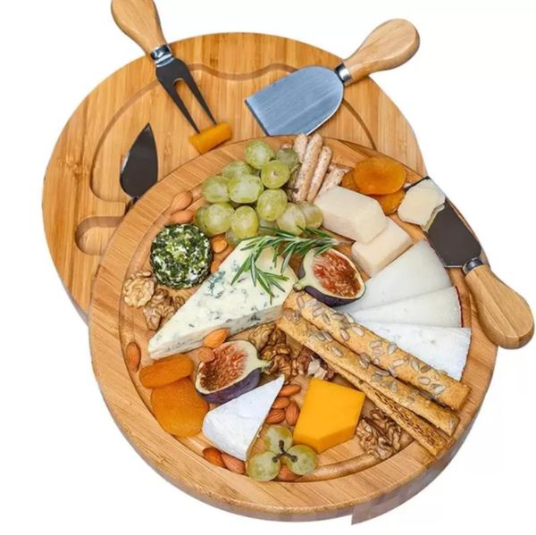 Bamboo Kitchen Tools Cheese Board and Knife Set Round Charcuterie Boards Swivel Meat Platter Holiday Housewarming Gift Wholesale FY2966 ss12