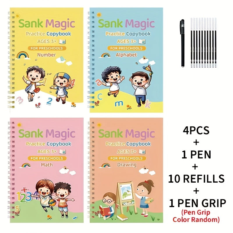 TEMU 4 Books + 1 Pen + 10 Replacement Refills + 1 Pen Grip Practice Book Practice Book Set - , Learning And Creative Writing - Ideal Gift For