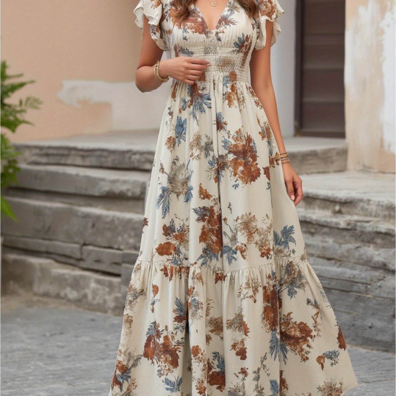 TEMU Summer - Neck Flutter Sleeve Smocked Waist Floral Maxi Dress, Bohemian , Summer Party Dresses For Women, For Women, , Casual Wear, Lightweight
