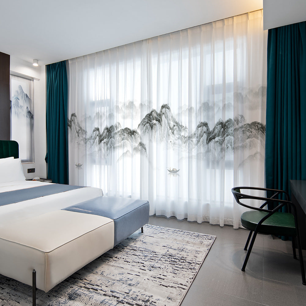 YL-36605 New Chinese style gauze curtain ink landscape painting curtain Chinese style new living room partition curtain light-transmitting
