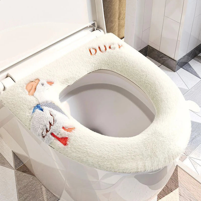 Cute Toilet Seat Cover With Zipper Washable Toilet Mat Cover Pad Cushion with Handle Winter Warm Universal Bathroom Accessories 240826