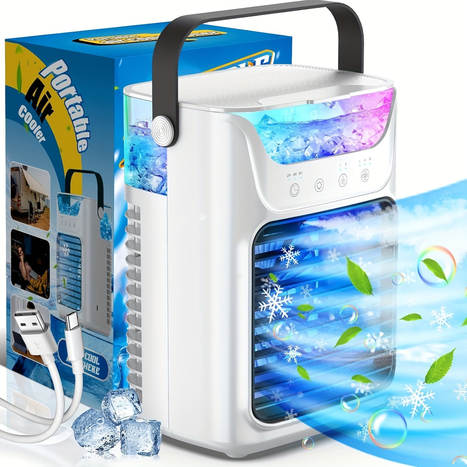 TEMU Portable Air Conditioners, & 7 Led Lights Evaporative Personal Air Cooler, 4in 1 Portable Ac With 650ml Large Water Tank, Mini Air Conditioner