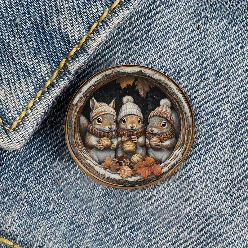 TEMU 1pc Autumn Squirrel Alloy Brooch Badge - Round Metal Pin With Festive Squirrel Design, Ideal For Backpacks, Hats, Clothes, Shoes & Boots