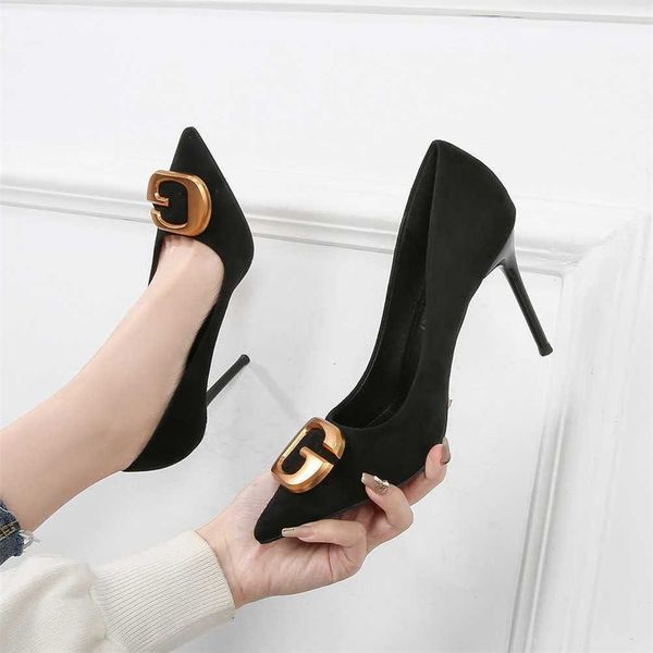 2025 Heels high heels Straight career temperament Sen womens single shoes metal buckle pointed high heels style is not