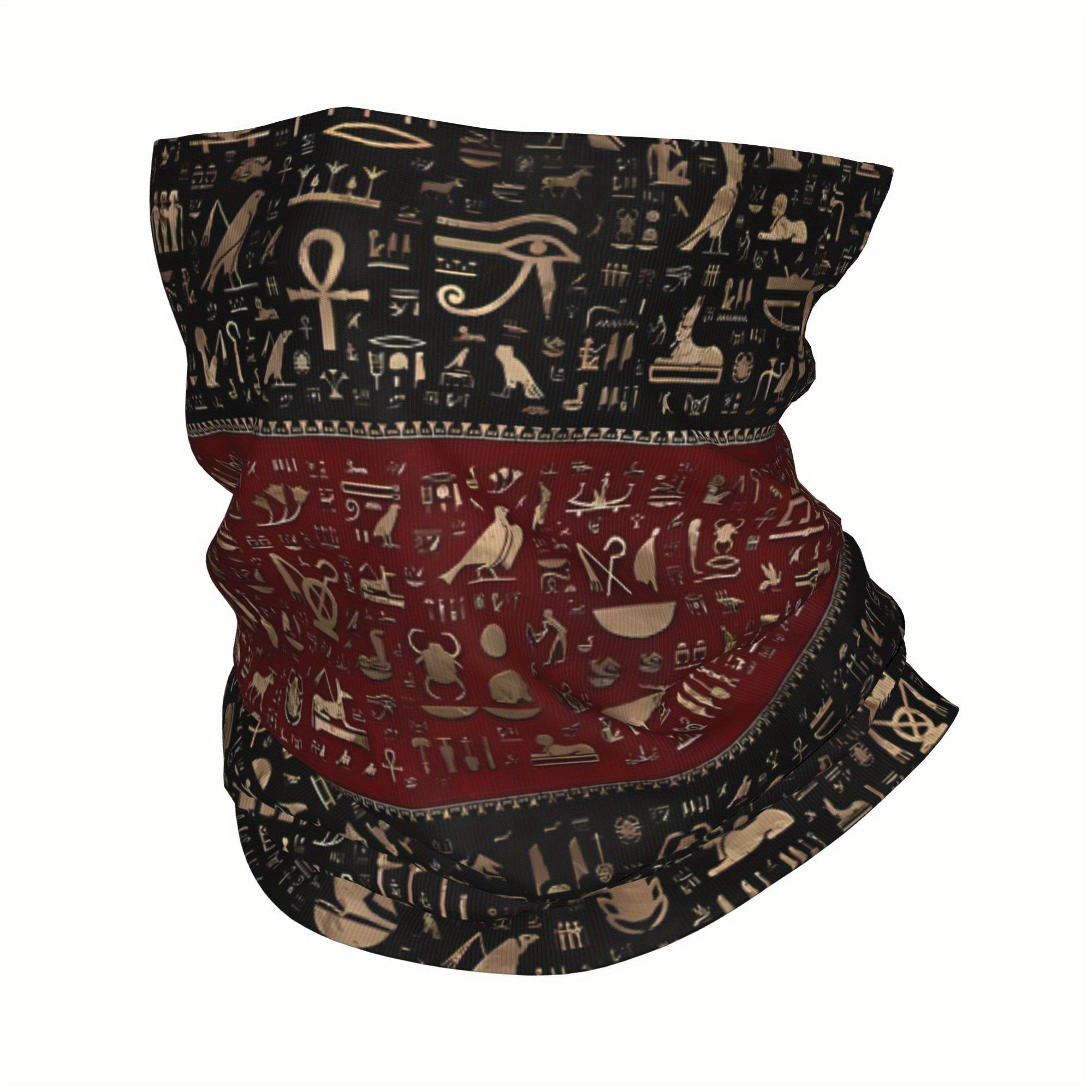 TEMU Biihudu Egyptian Neck Scarf - Polyester, Black With & Symbols Design, Face Mask, Neck Gaiter, | Hieroglyphic Pattern | Knitted Texture