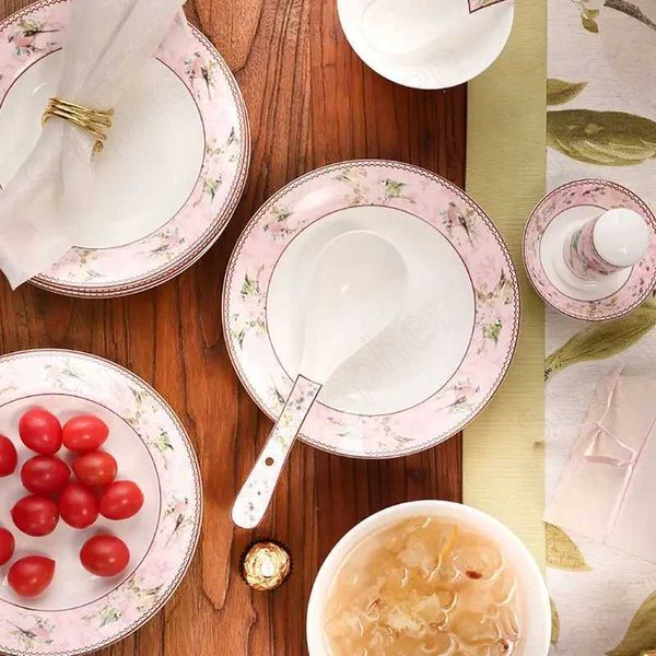 European Light Luxury Bone China Dinner Plate Nordic Classical Pink Enamel Ceramic Plates Fruit Salad Bowl Bird Decor Tableware X250129