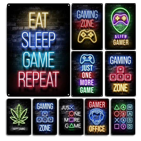Neon Games Metal Signs Gaming Zone Tin Sign Game Center Tin Plaque Metal Plate Just One More Game Tin Poster Metal Sticker for Man Cave Home