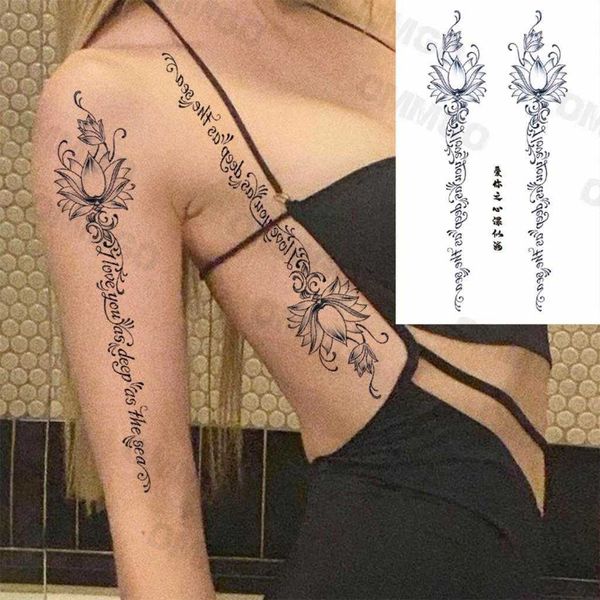 Temporary Tattoos Black Lotus English String Temporary Tattoos For Women Girl Mandala Pendant Back Arm Fake Tattoo Body Art Waterproof Tatoo