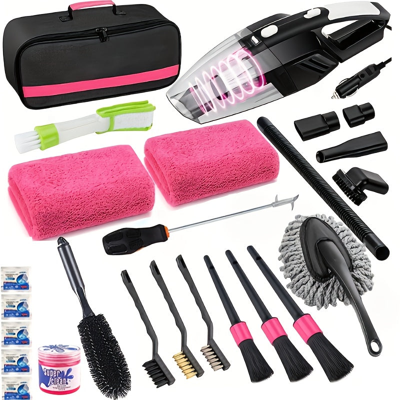 TEMU 25pcs Car Cleaning Wash Kit Interior Detailing Cleaner Kit With High Power Handheld Vacuum,, Windshield Tool, Gel, Tire Brush, Complete Car Care