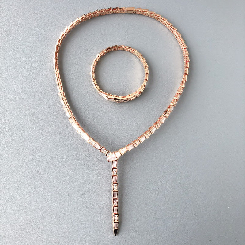 Designer Collection Style Dinner Party Choker Neckhole Necklace Bracelet Settings Diamond Mother of Pearl Plated Rose Gold Snake Serpent Snakelike J