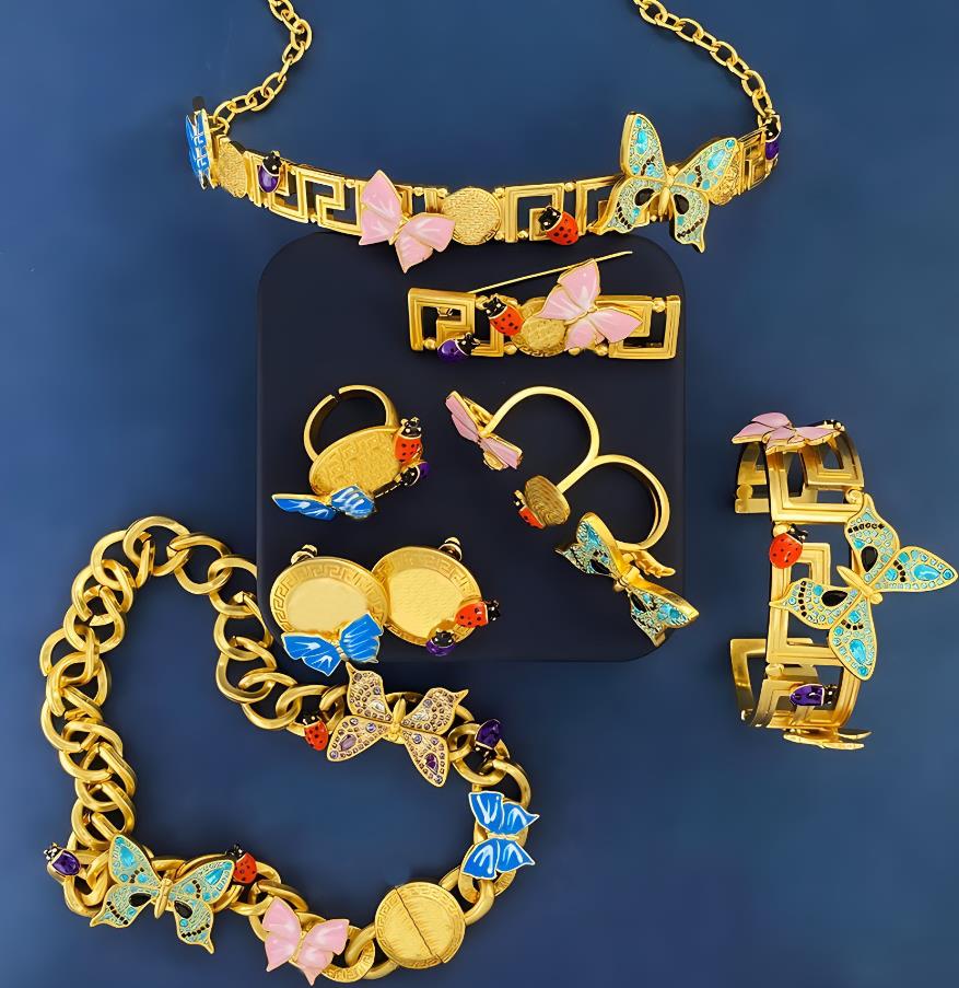 Stereoscopic Butterfly Ladybug Choker Necklace Bracelet Ring Brooch Stud Earring hairpin Sets Brass Hiphop Designer Jewelry Womens Wedding Party Gif