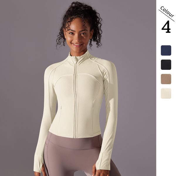 Solid color stand up collar, threaded zipper, long sleeved jacket, brushed, tight fit, sports running, fitness yoga suit, top for women