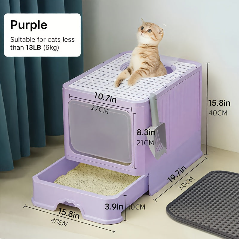 TEMU Cat Litter Box With Litter Mat And Scoop, Large Foldable Litter Box With Lid, Front Entry Top Exit Kitty Box, , Easy To Clean (grey)