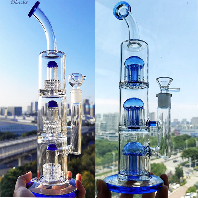 Double Chamber Glass Bong Blue Hookahs Smoking Water Pipes Bubbler Three Arm Tree Glass Water Bongs Oil Dabber With 14mm Joint
