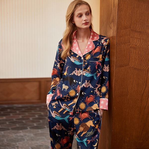 Spring 2024 Women&#039;s Pamas Set Constellation Print Silk Like Two Pieces Long Sleeve Full Length Pants Trousers Sleepwear 41919