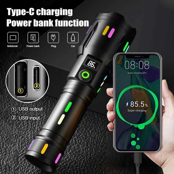 White laser flashlight C-type rechargeable camping flashlight military tactical Zoomable search spotlight portable LED flashlight X241109