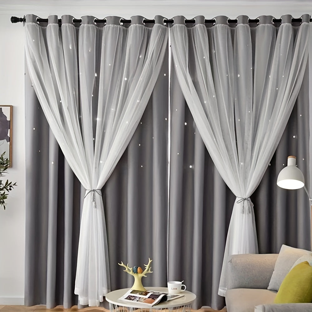 TEMU Stars Curtains Blackout Curtains For Bedroom Double Layer Curtains Curtains Cute Curtains Blackout Curtains, Curtains 84 Inches Long 2 Panel,