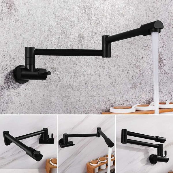 All Copper Wall Folding Kitchen Faucet 360 Rotation Single Cold Black Brushed Pot Filler Faucet Swing Arm Single HoleXJ240806