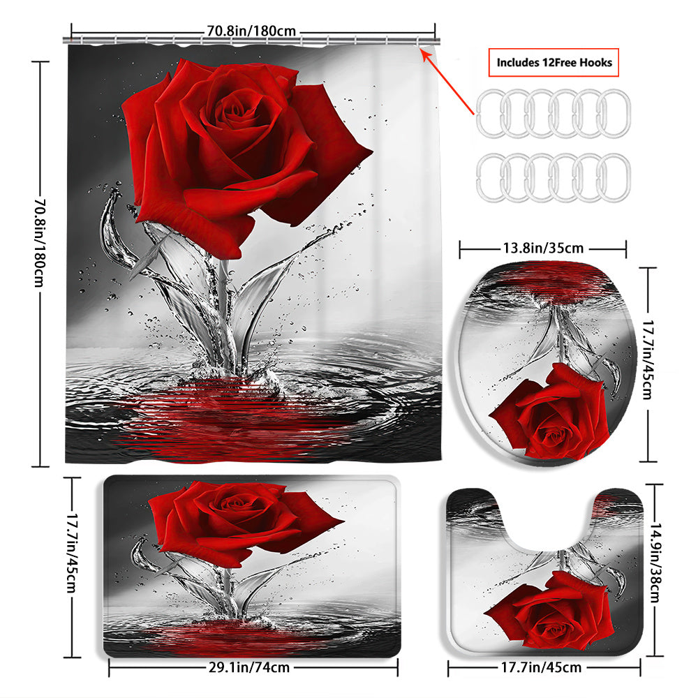 TEMU 4pcs Red Falling Rose Curtain Decoration, Beautiful Housewarming Gift Decoration, Waterproof Shower Curtain And Toilet Floor Mat Three-piece Set