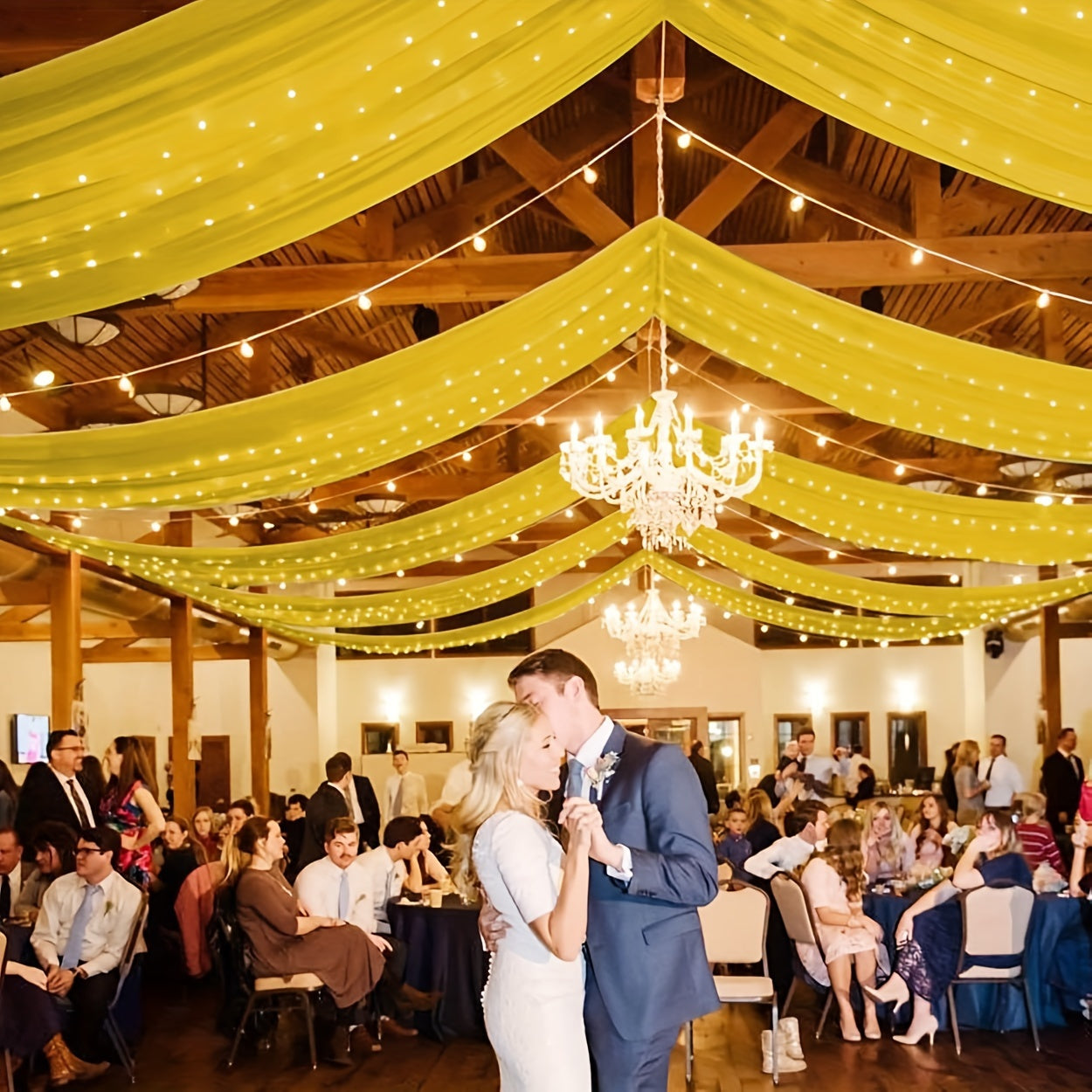 TEMU 1pc Golden-yellow Ceiling Sheer Curtain, No-hole Transparent Polyester Fabric For Event Party Decorations, Tent Decoration, Wedding Arch Decor,