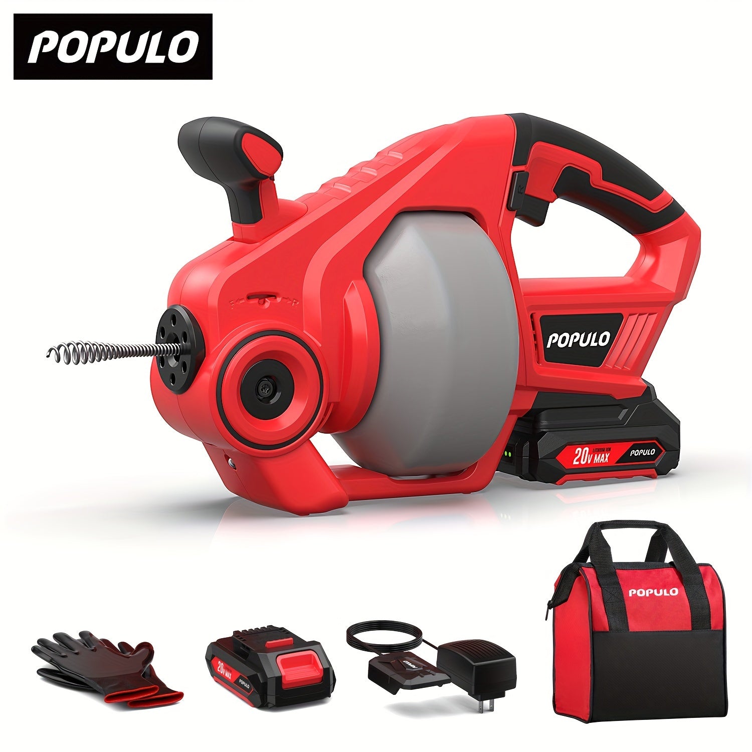 TEMU Populo 25ft 20v Portable Electric Drain Auger With Auto Flexible Cable Feed & , Led Light, Li-, Fast Charger, Gloves & Tool Bag - For 3-4"-2"