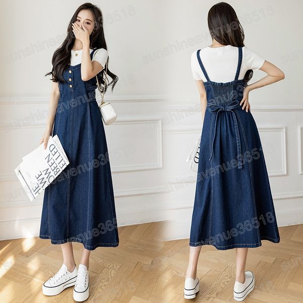 Spring Summer Women Jeans Dress Big Size Korean Sleeveless Denim Overalls Dresses Woman Fashion Bow Sashes Suspenders Midi Dress