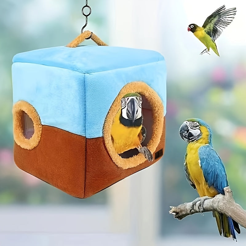 TEMU 1pc Cozy Foldable Double-hole Bird Nest - Warm Polyester Hanging Birdhouse Cage With Perch & Swing, Blue And Brown, Ideal For Parrots & Small