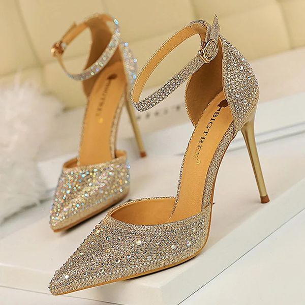 Dress Shoes BIGTREE Shoes Shiny Rhinestones High Heels Ladies Shoes Women Pumps Stiletto Sweet Women Heels Wedding Shoes Women Sandals 10 Cm