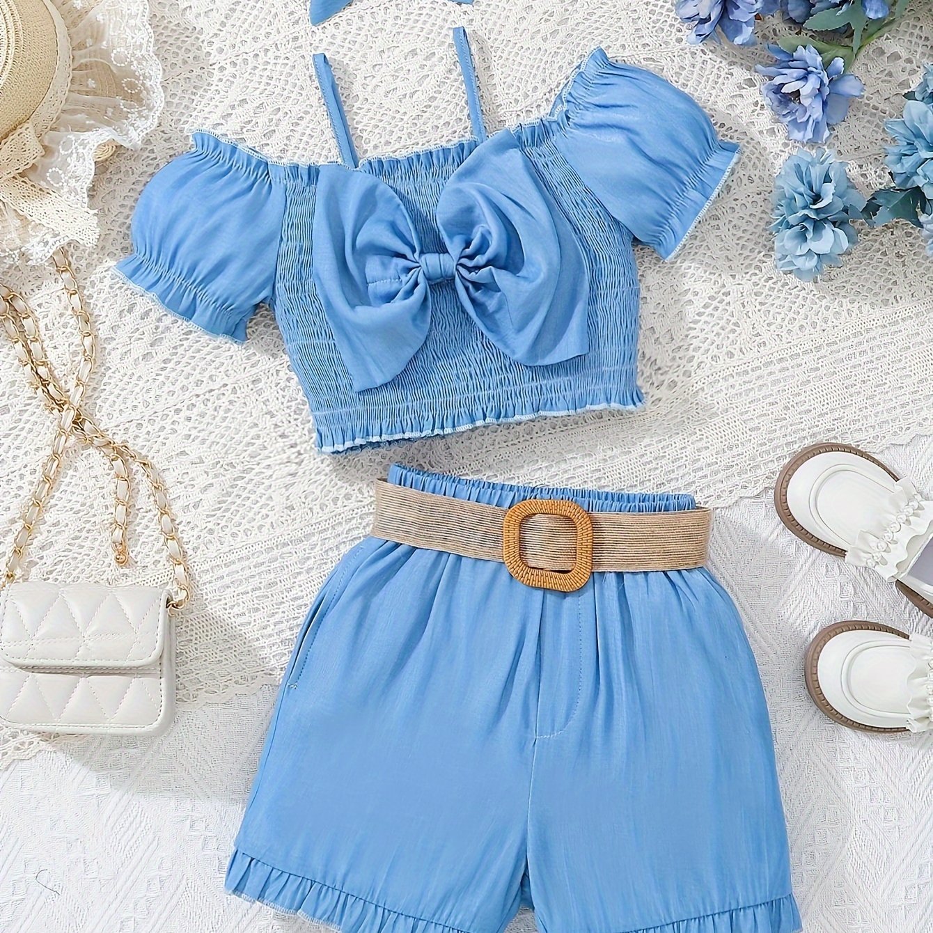 TEMU Girls' Summer Bow Lace Short Sleeve Suit, For Outdoor