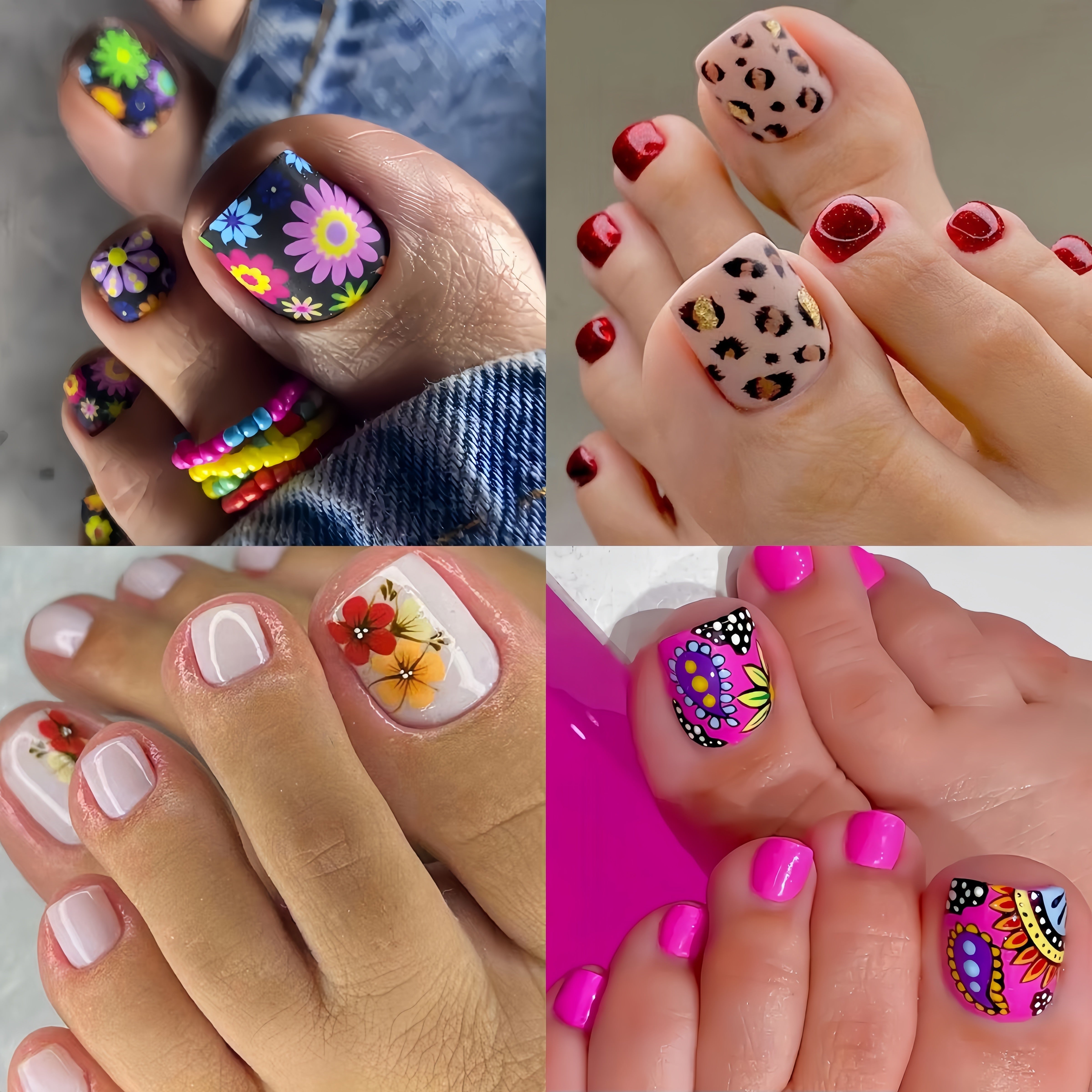 TEMU 96pcs Press-on Toe Nail Wraps - Summer Fashion Floral Pedicure Nail Stickers With Glossy Finish - Black & Mixed Colors With Flower & - Square
