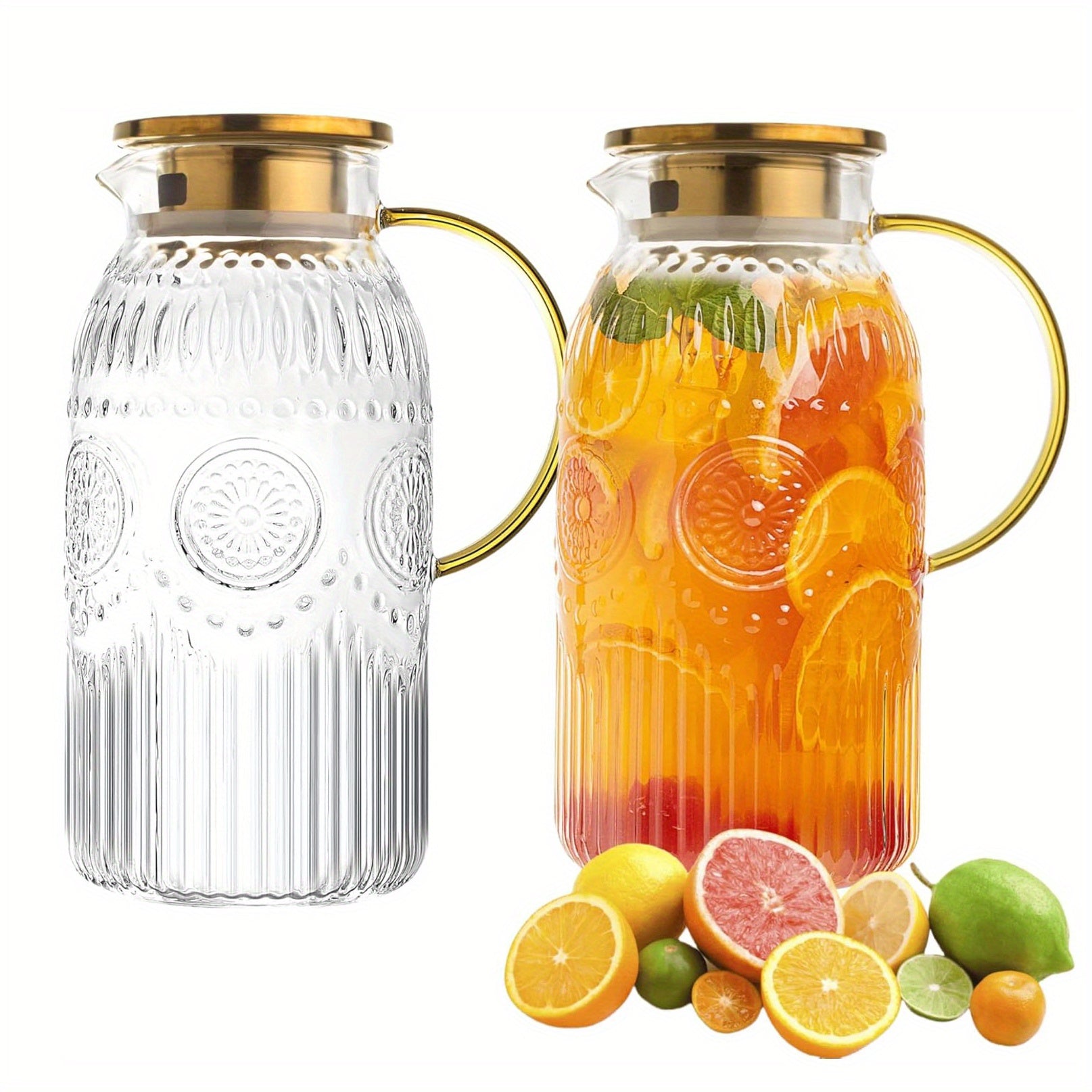 TEMU Glass Pitcher With Lid, 68oz- 2 Liter Vintage Water Pitcher, Glass Water Carafe For Cold Brew, Coffee, Lemonade, Iced Tea, Beverage, Heat