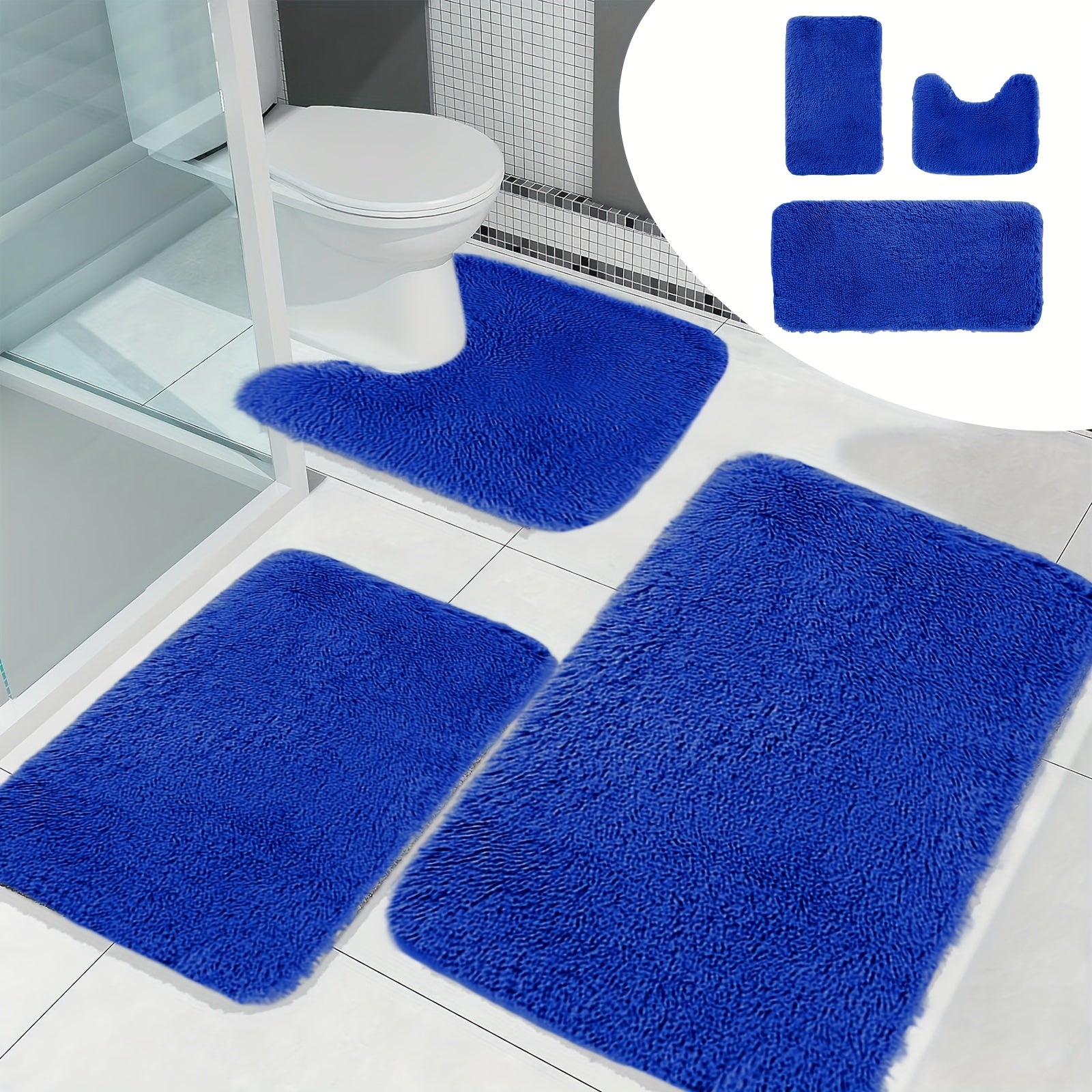 TEMU 3pcs- 4pcs- 5pcs Long Fleece Bath Mat Set, Solid Color Bathroom Rugs Toilet Water Absorption Bathroom Rug Sets With Non-slip Backing, Soft Bath