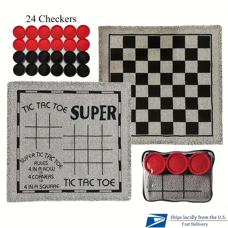 TEMU Checkers Board Game Set, 3in 1 Tic Tac Toe Board Draughts Reversible Rug Game, Big Checker Floor Game Mat, Indoor Outdoor Yard Game For Party